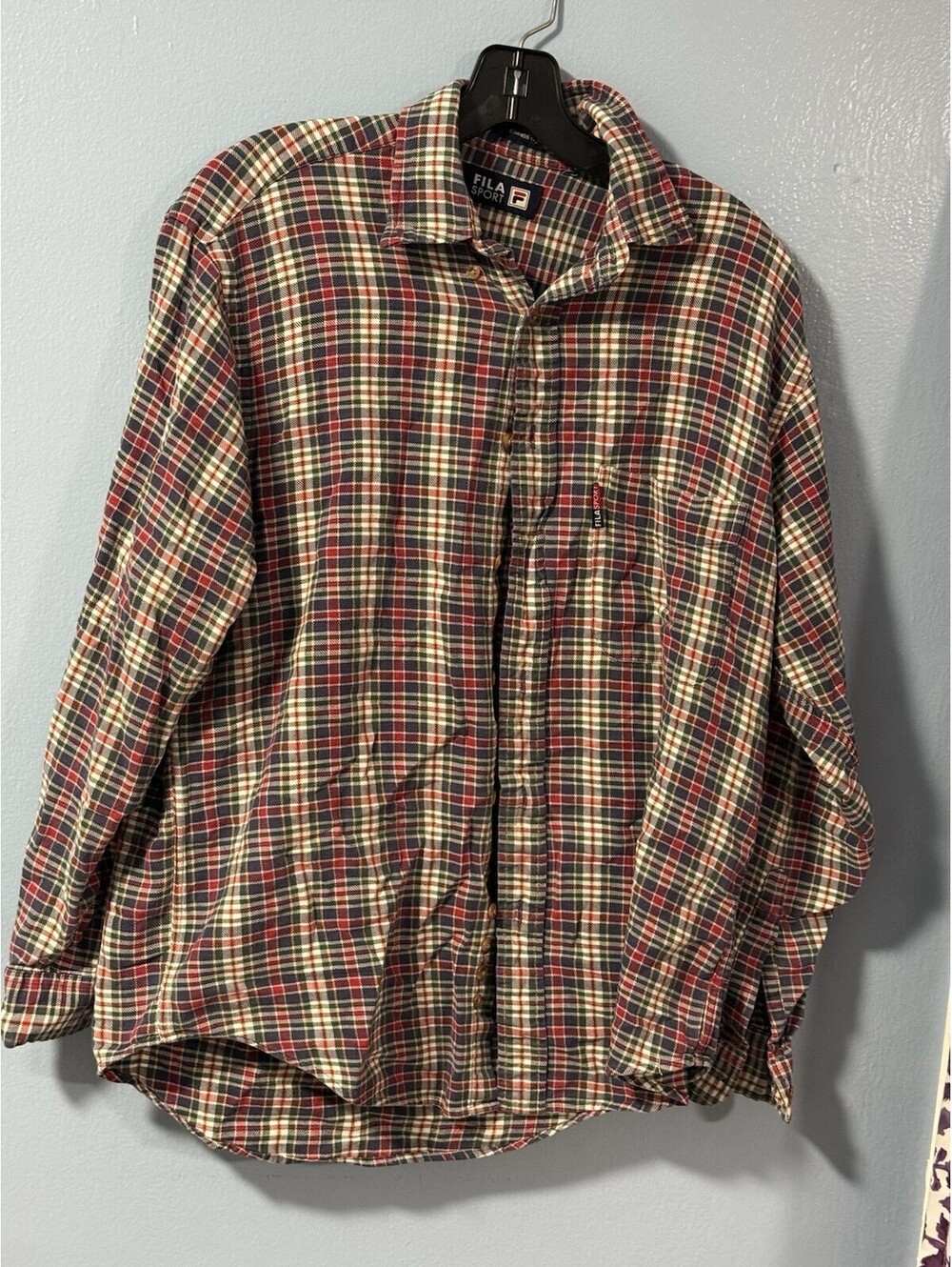 Fila Sport Men's Long Sleeve Button Up Flannel Shirt Red Blue White Plaid Small